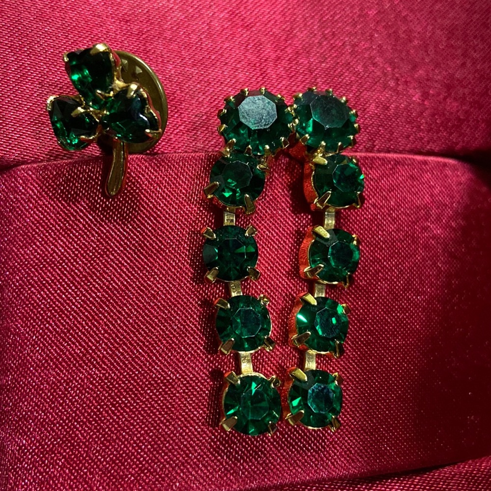 Green Emerald Earrings and pin